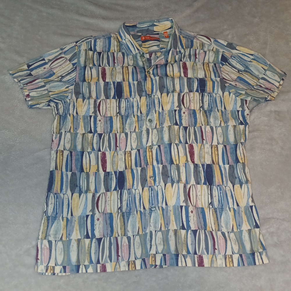 Tori Richard Multicolor Surfboard-Print Short Sleeve Shirt - Blue, Yellow, Cream